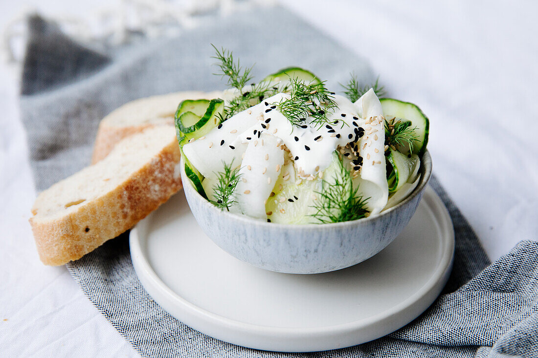 Corn salad with cucumber and yoghurt dressing