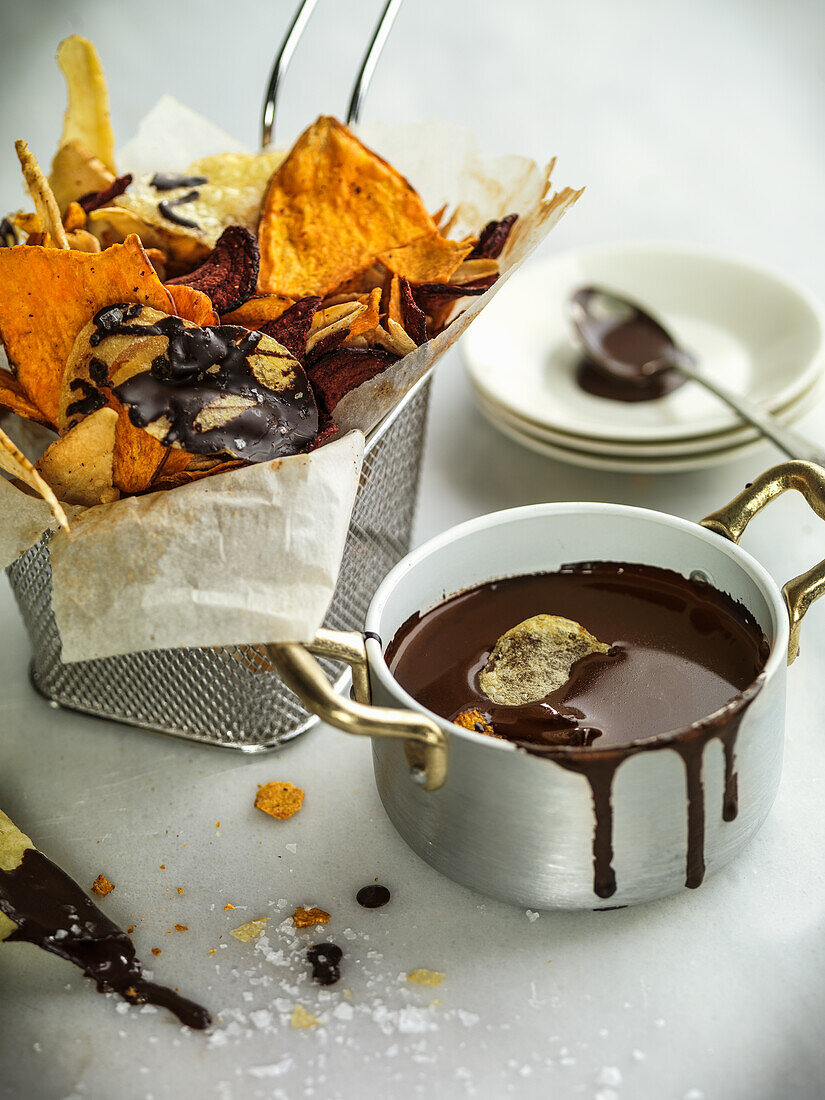Chocolate fondue with vegetable chips