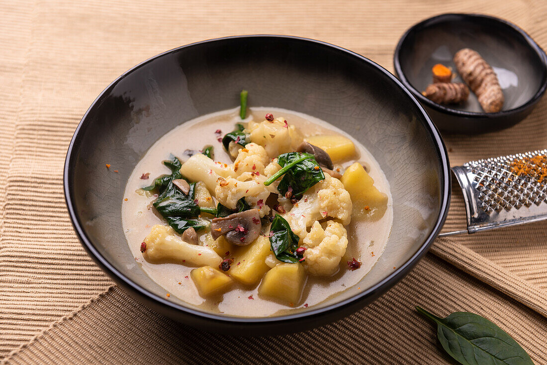 Veganes Blumenkohl-Curry mit Kartoffeln, Pilzen und Spinat
