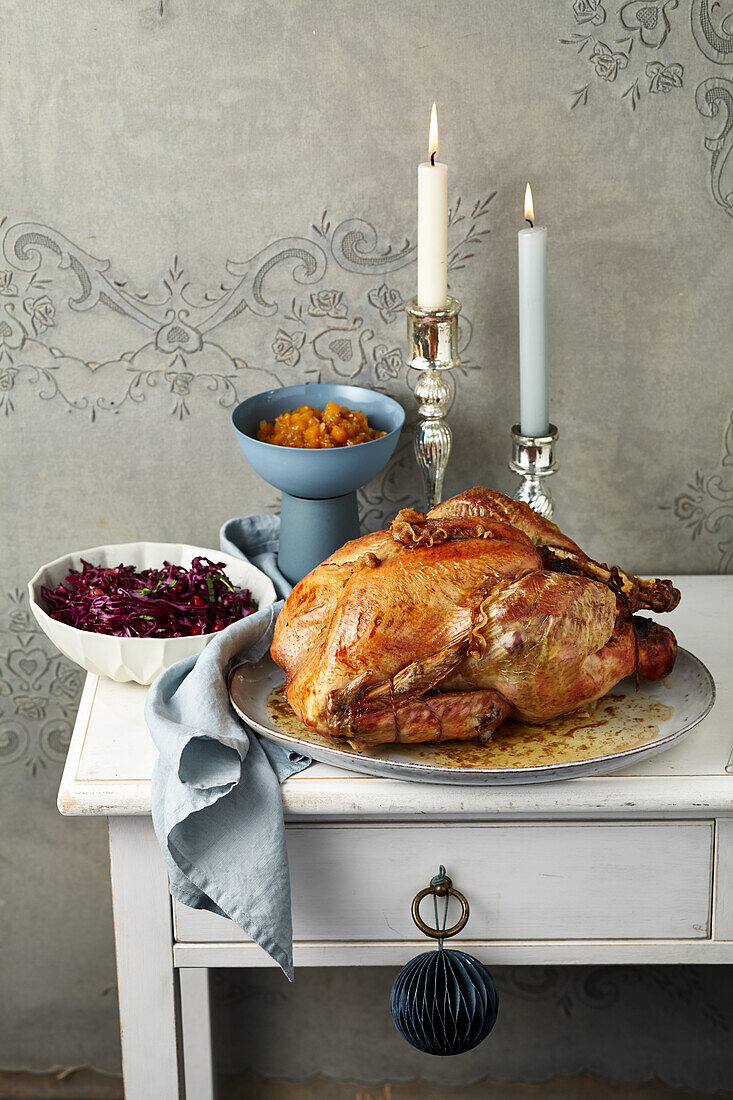 Turkey with apricot anise stuffing, red cabbage salad with mango chutney