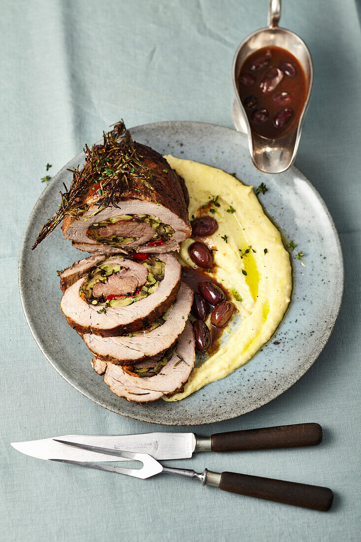 Roast veal with ratatouille stuffing and polenta