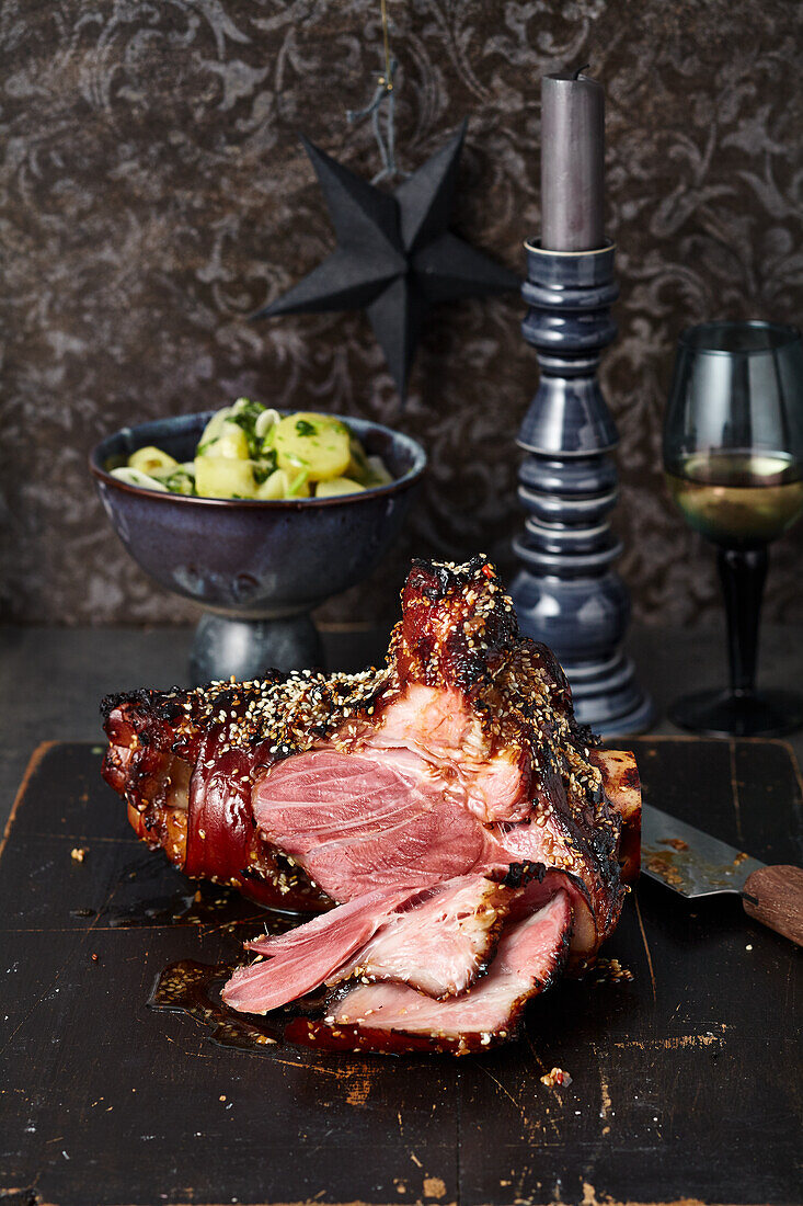 Braised sesame shank with wasabi radish potato salad