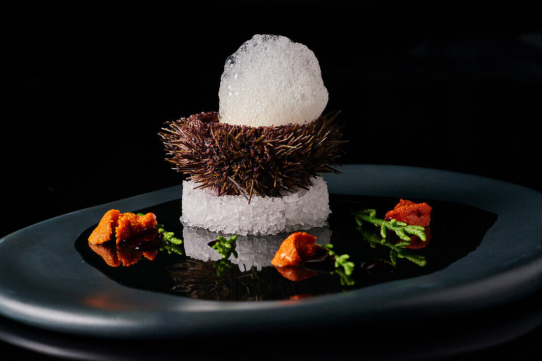 Frosted sea urchin with marinated scallops