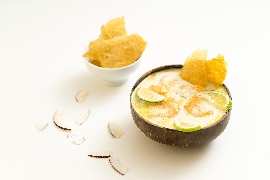 Coconut milk soup with prawns and tortilla chips