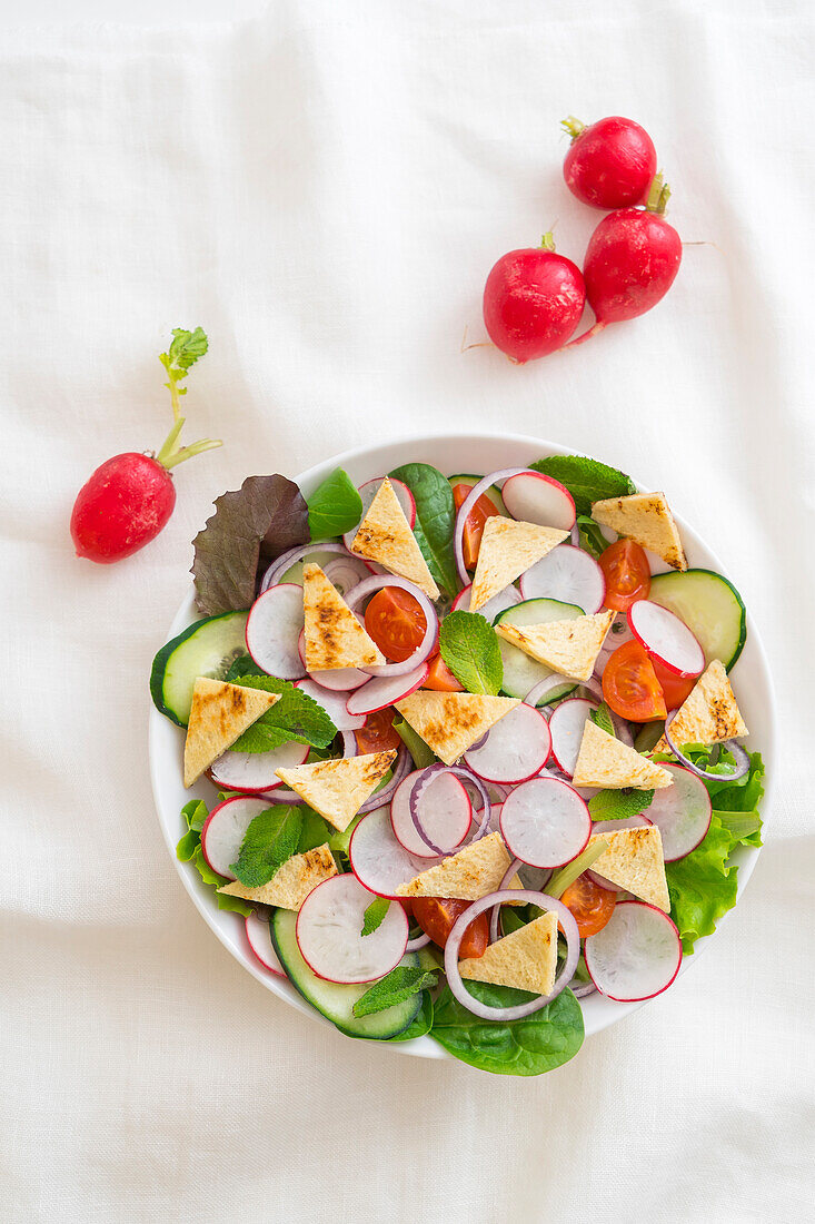 Fattoush (Libanesischer Brotsalat) mit Gurken und Radieschen)