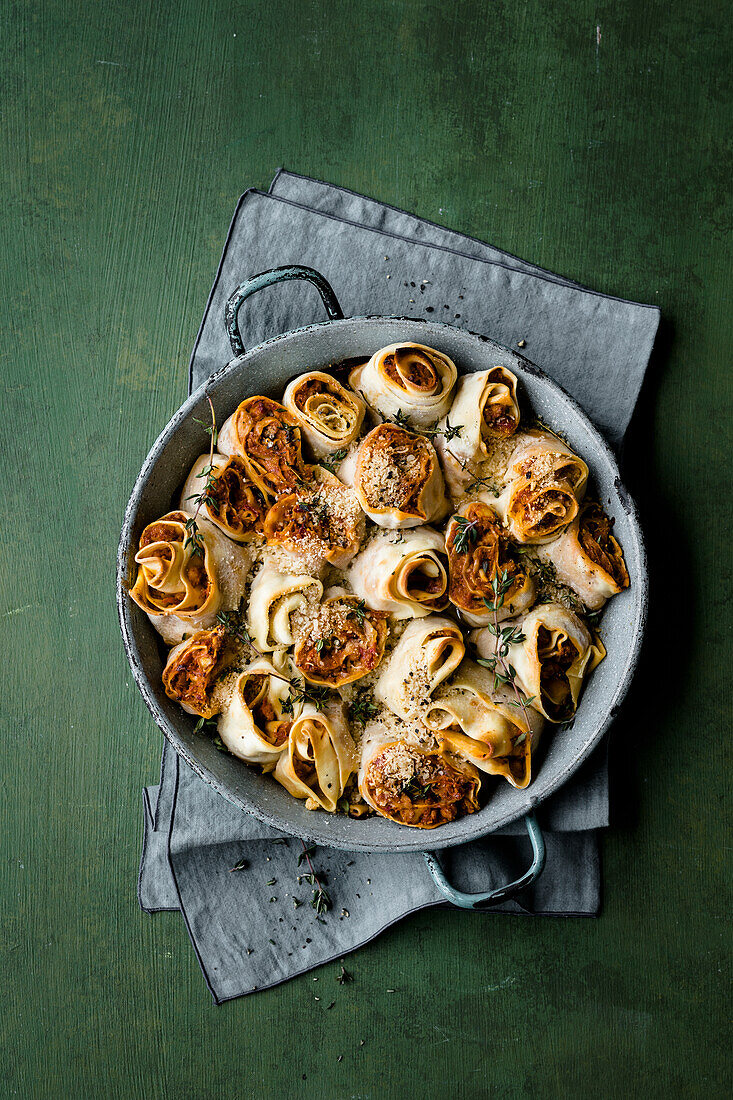 Rustic pasta snails with a tofu and root vegetable filling