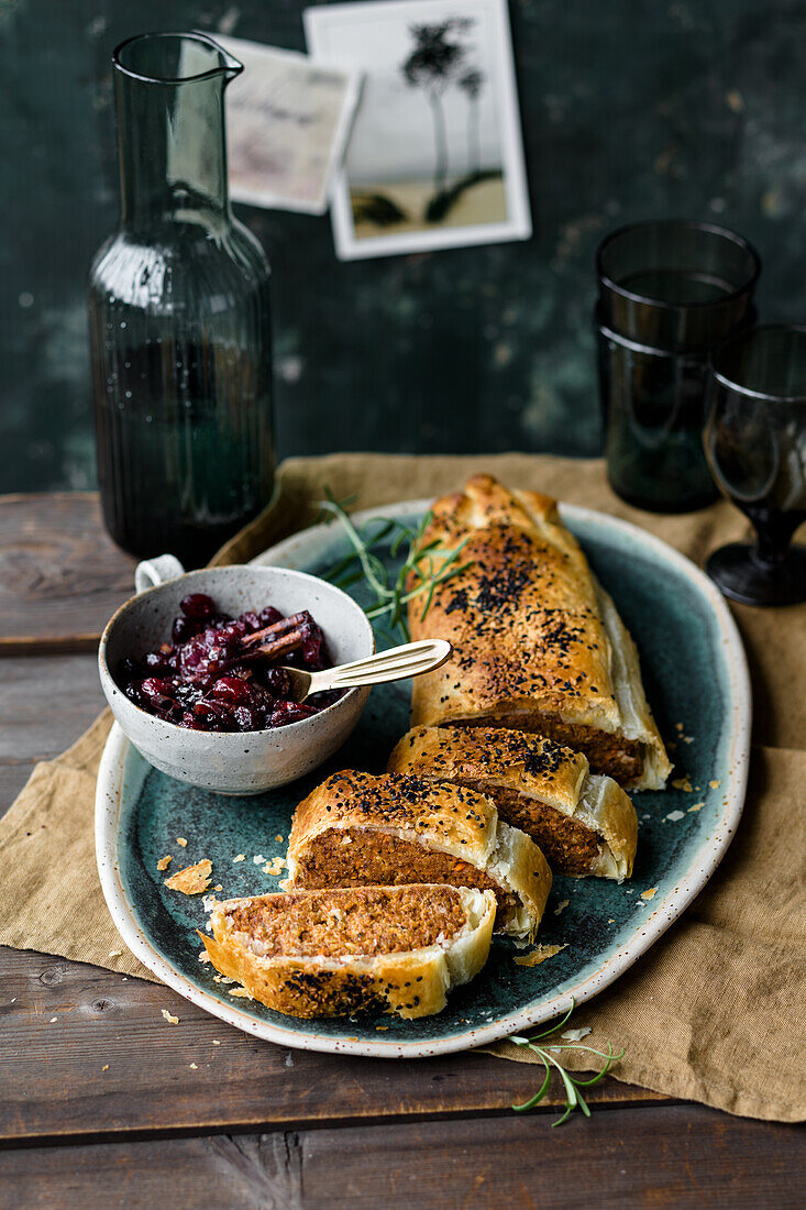 Nutty roast vegetables in puff pastry with shallots