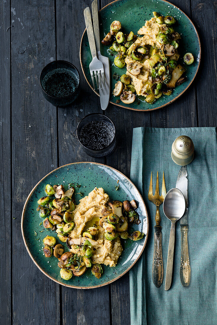 Creamy nut polenta with a roasted Brussels sprouts and mushroom medley