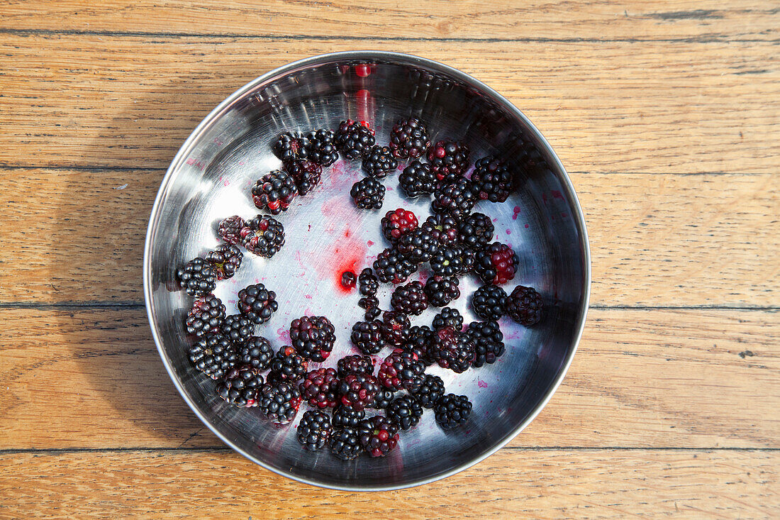 Blackberries in a metal bowl