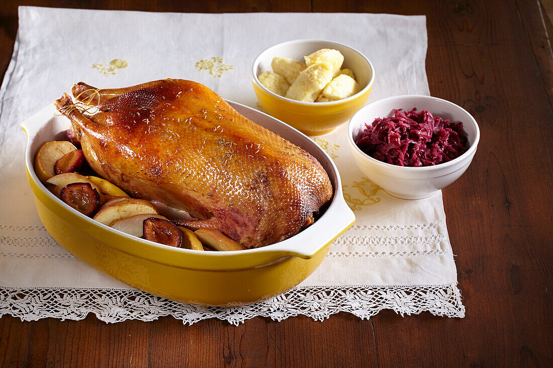 St. Martin goose with potato dumplings and red cabbage