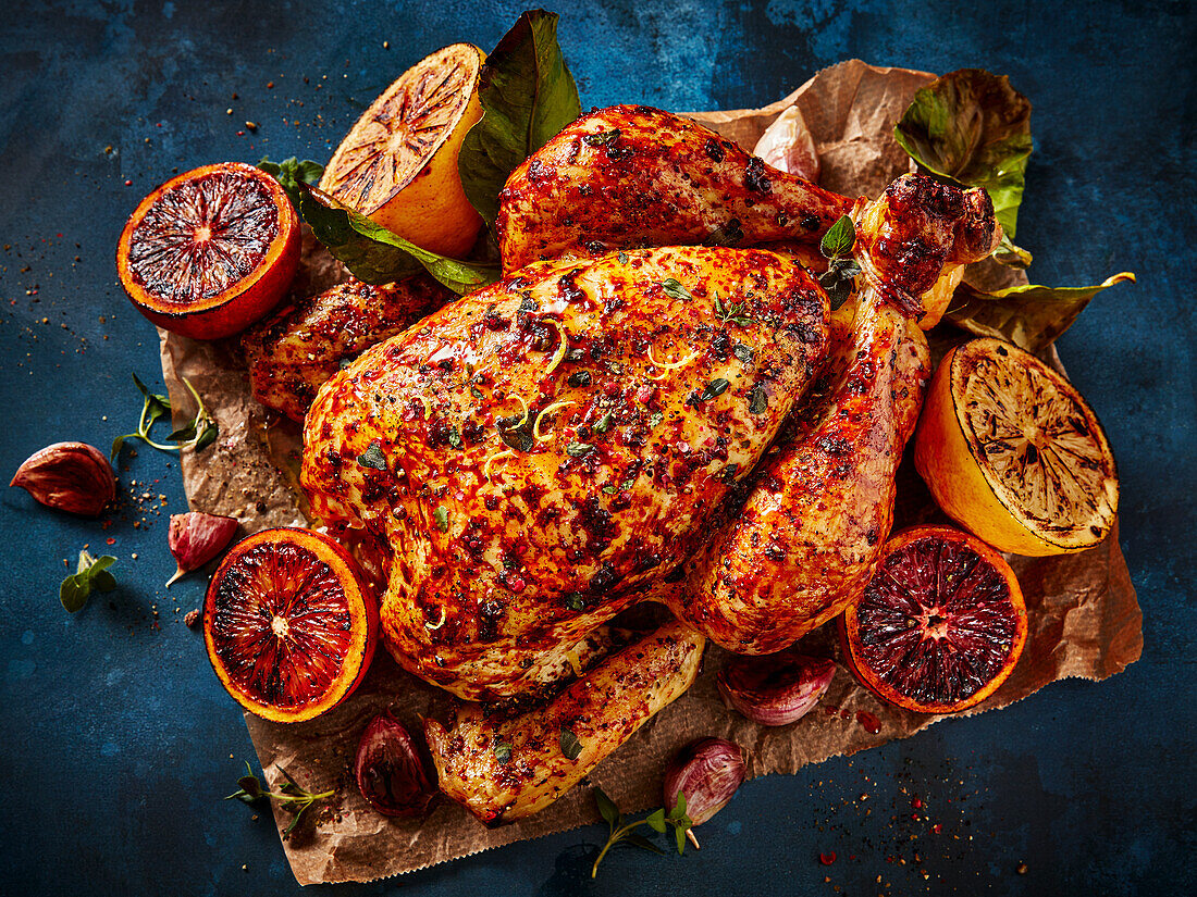 Roast chicken with herbs and citrus fruits