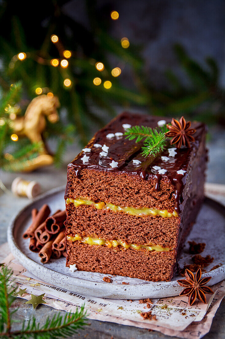 Cross section of Christmas gingerbread with orange filling