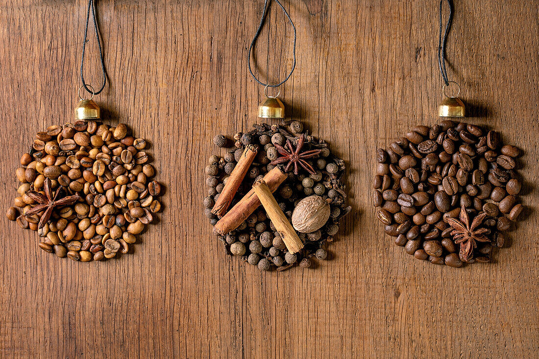 Aromatic spices collection and different coffee beans as Christmas balls shape