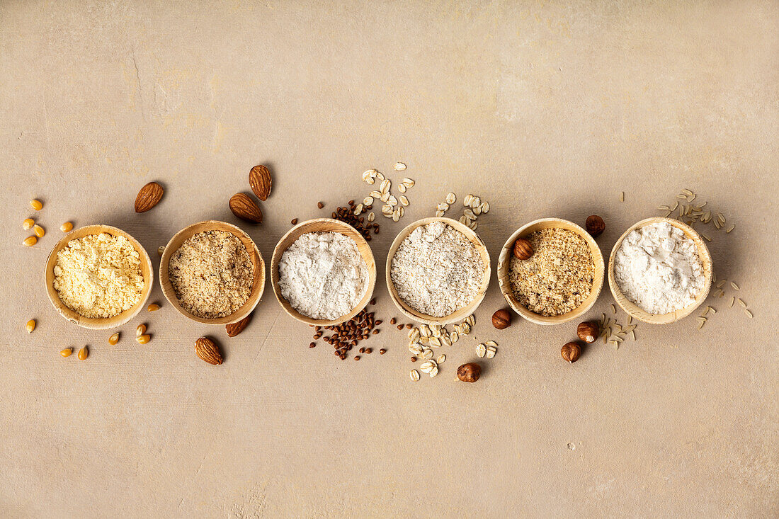 Various gluten free flour (almond flour, oatmeal flour, buckwheat flour, rice flour, corn flour)