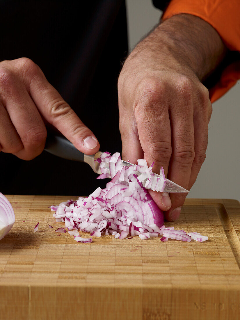 Red onion being diced