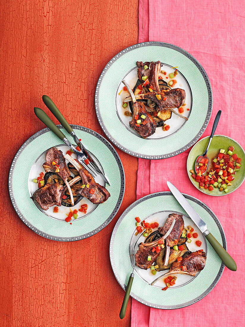 Lamb chops with aubergines and bloody mary salsa