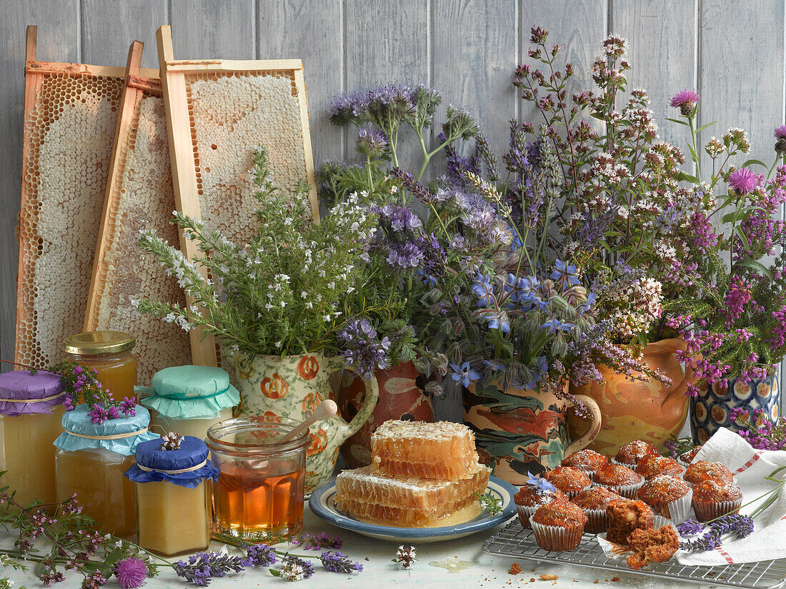 Different kinds of honey in jars, honey frames, honeycombs, honey biscuits, and bee-friendly plants