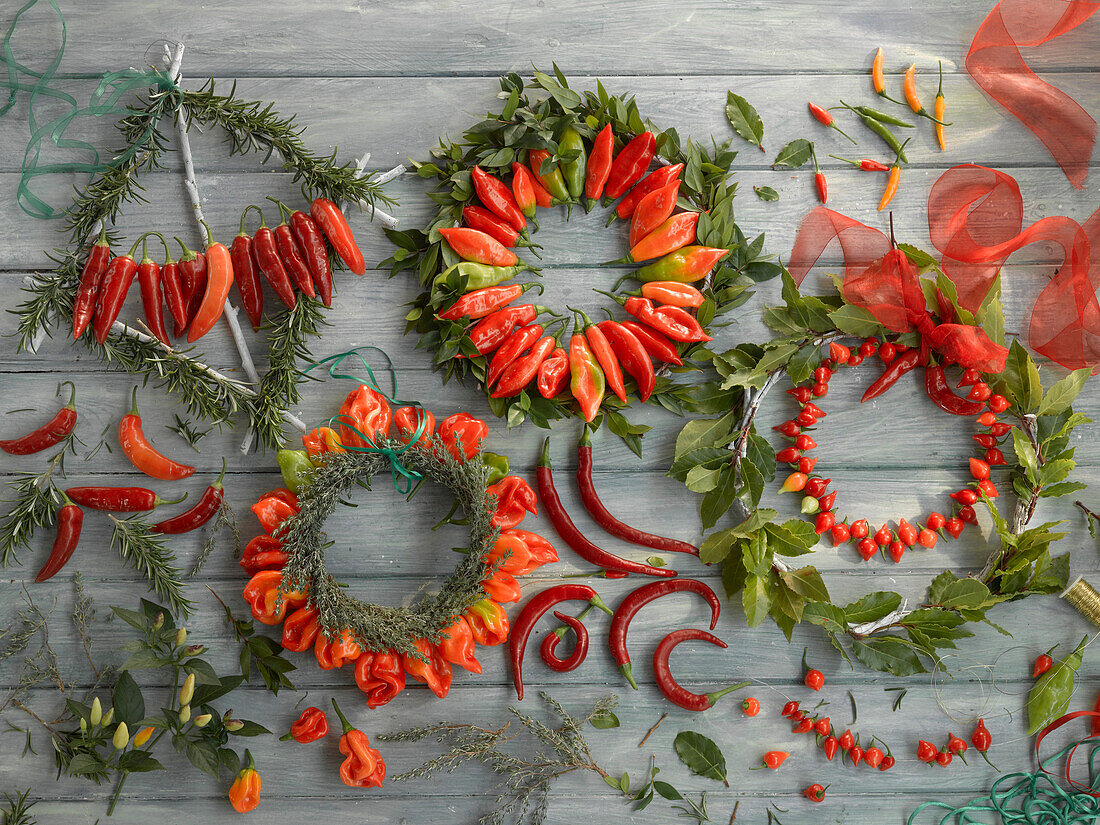 Wreaths of herbs and chilies