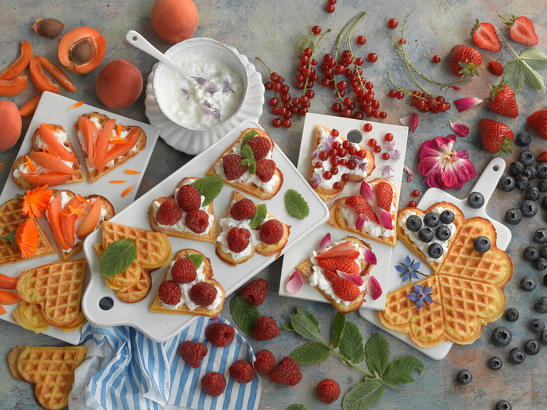 Waffles with cottage cheese, berries, and apricots