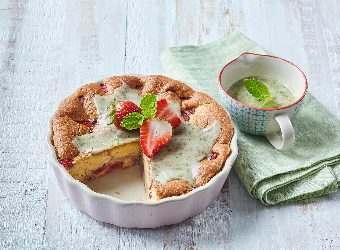 Strawberry pudding with mint glaze