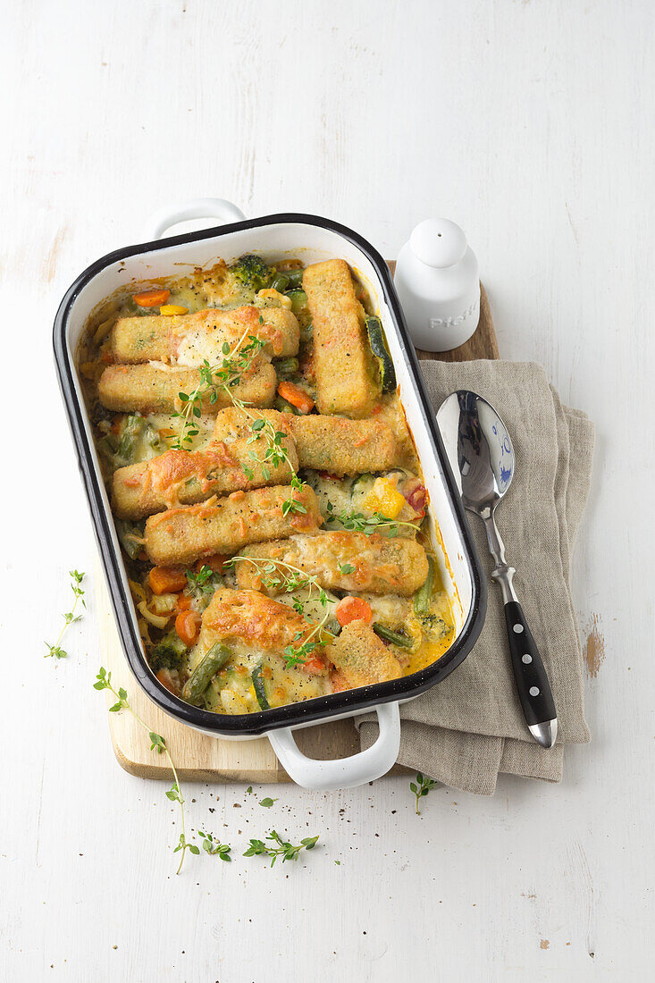 Veggie gratin with vegetable sticks, capers and grated cheese
