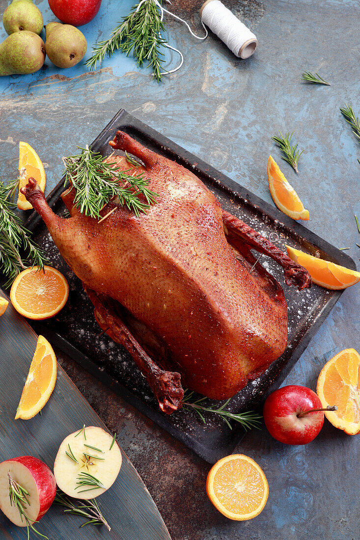 Baked goose stuffed with fruits