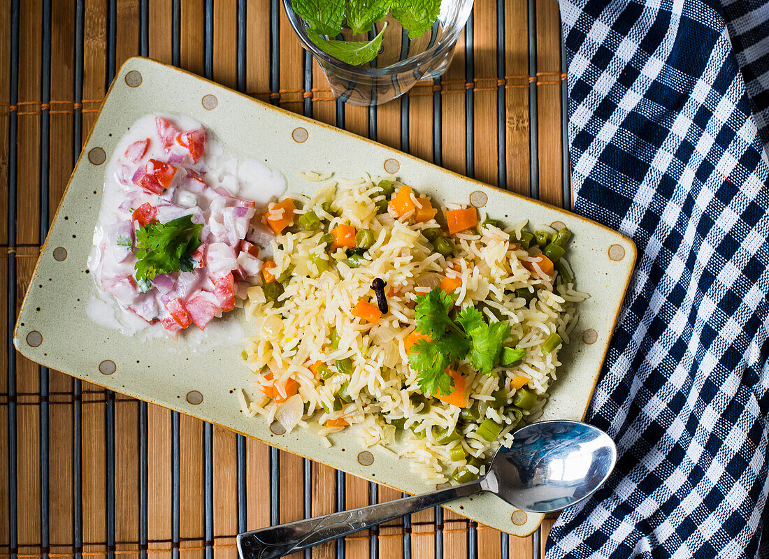 Vegetable Pulao with Onion Tomato Raita