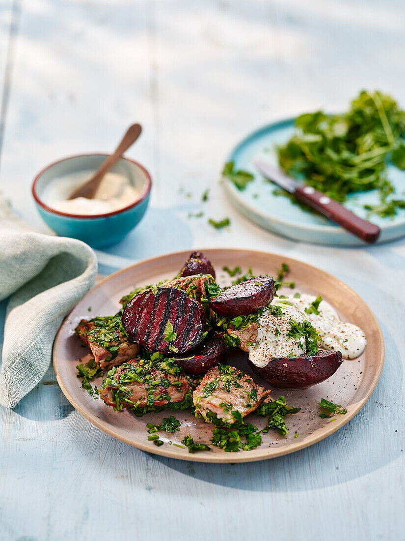 Lamb with herbs and grilled beetroot