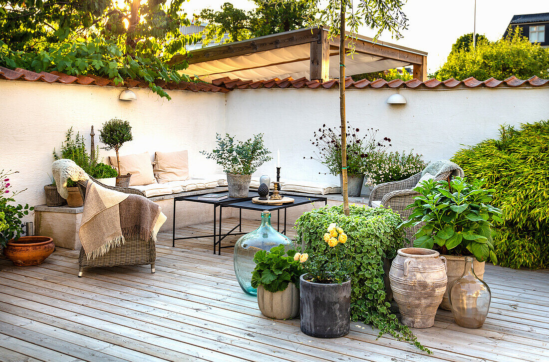 Sitzplatz und Topfpflanzen auf Holzterrasse