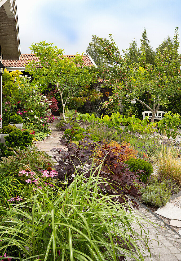 Paved path through well-tended garden with white bench seat