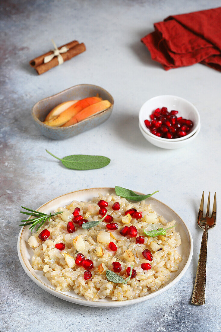 Risotto with gorgonzola, pears, and pomegranate seeds