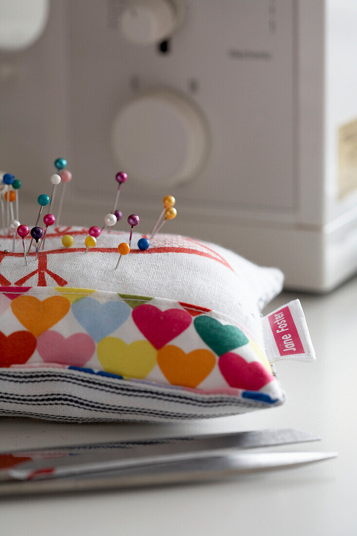 Multi-coloured pins in pin cushion