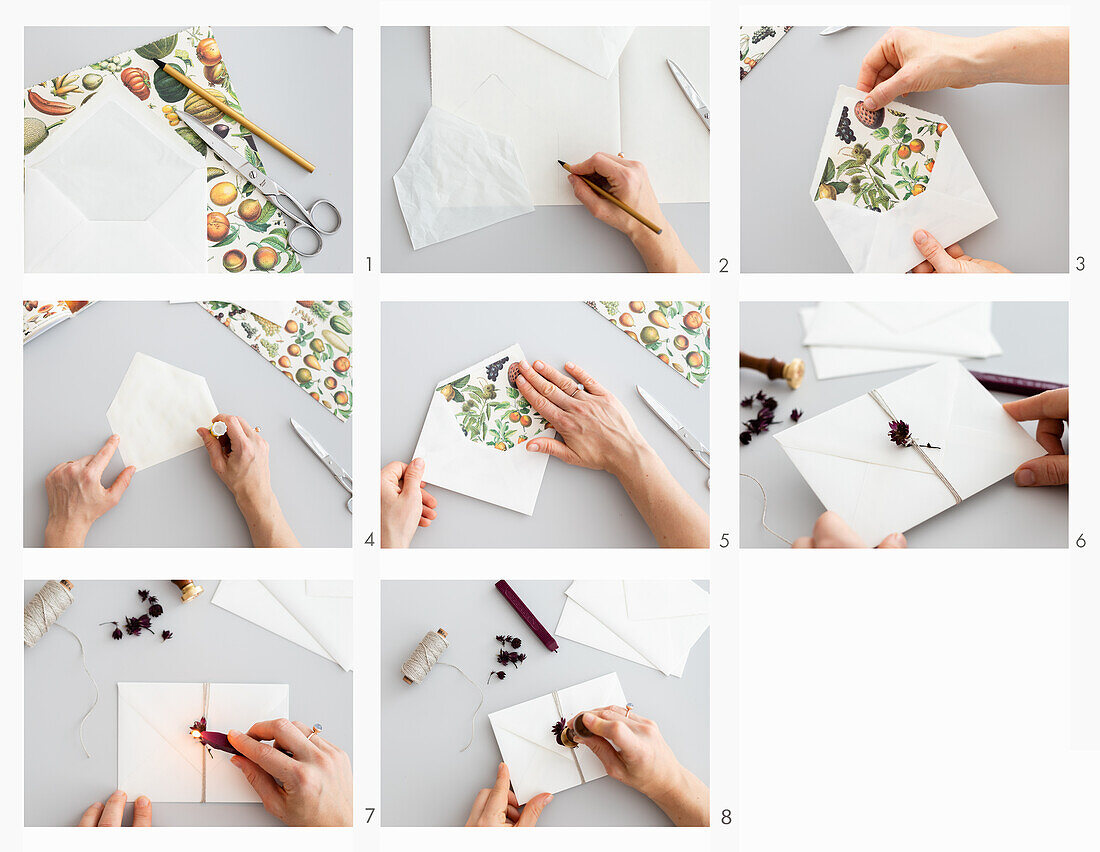 DIY envelopes with botanical print and dried flowers