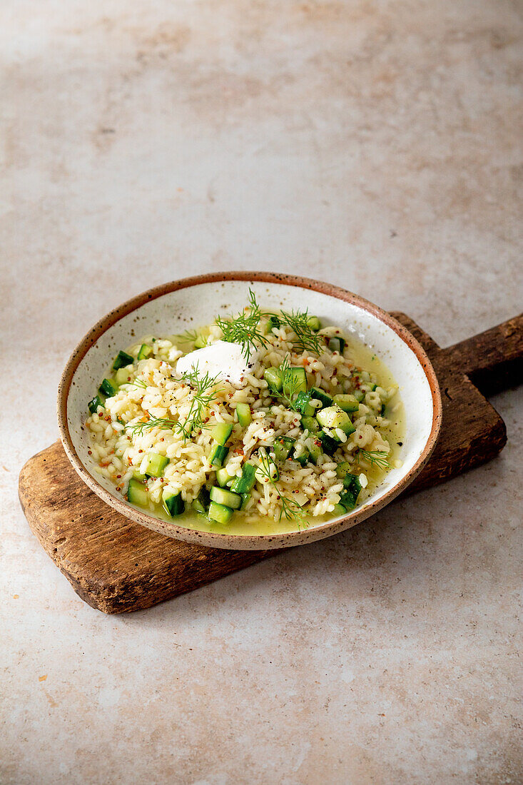 Cucumber risotto with mustard, dill, and sour cream