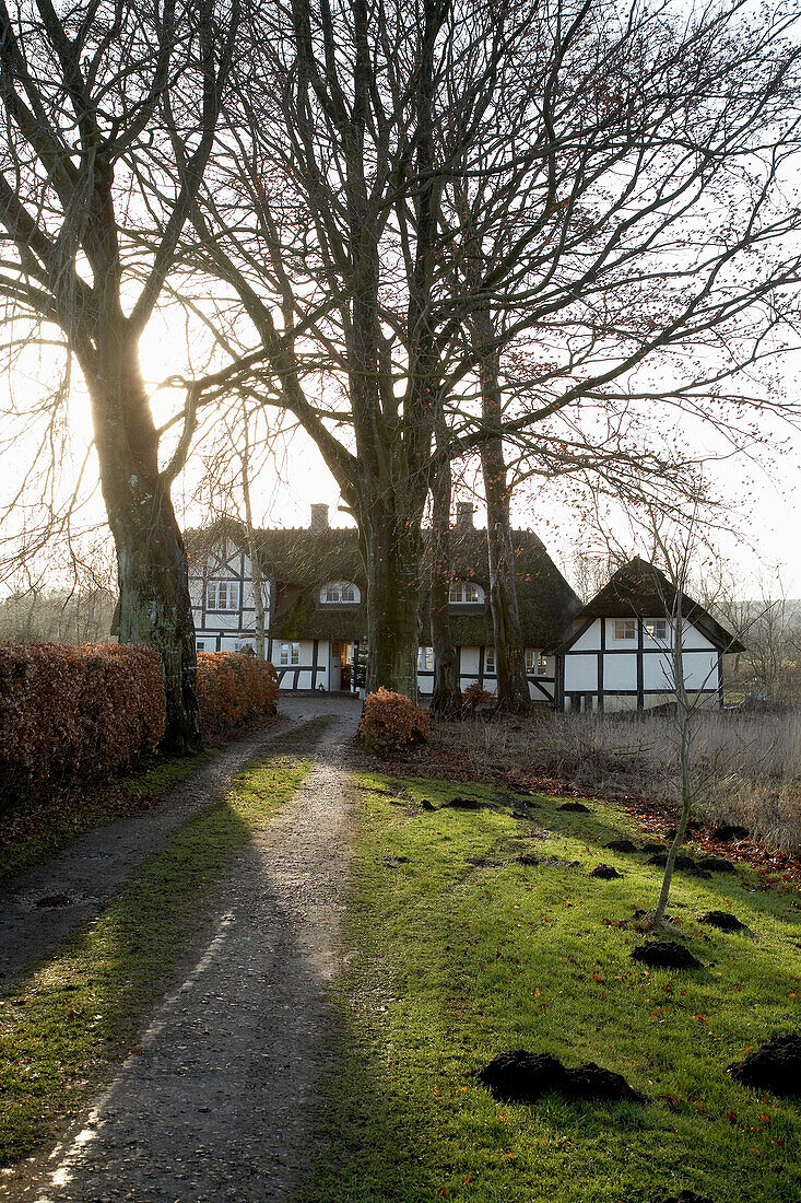 Dirt road leading to half timbered house