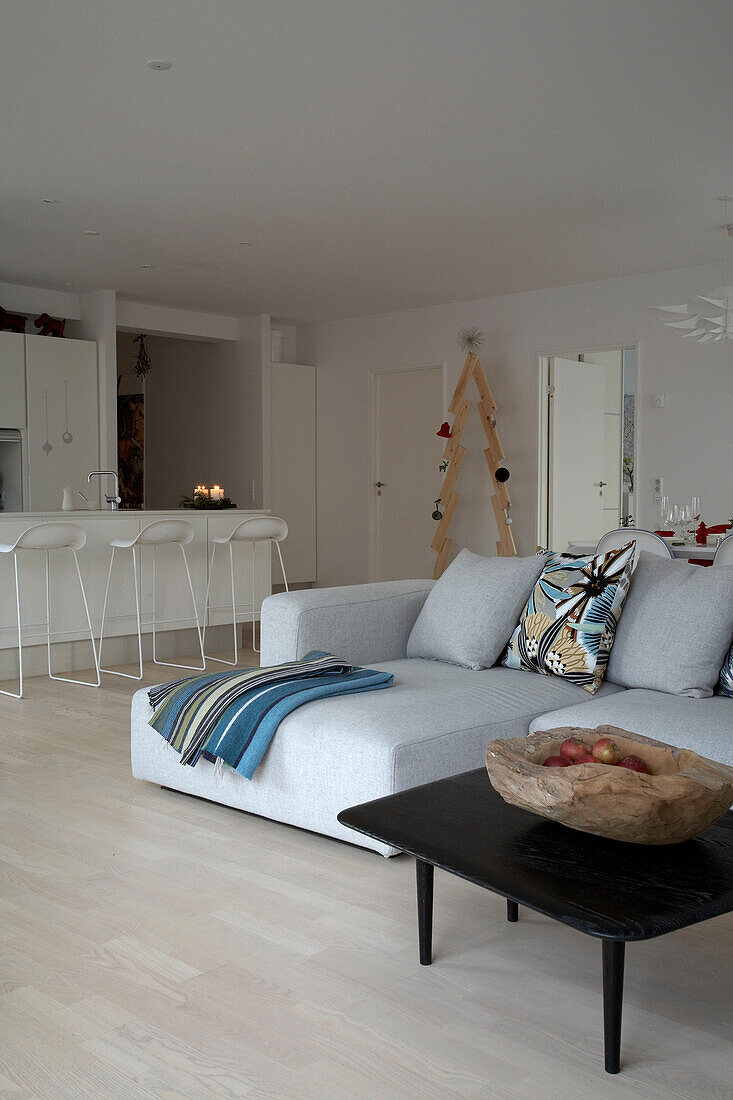 Modern living room with combined kitchen and dining room