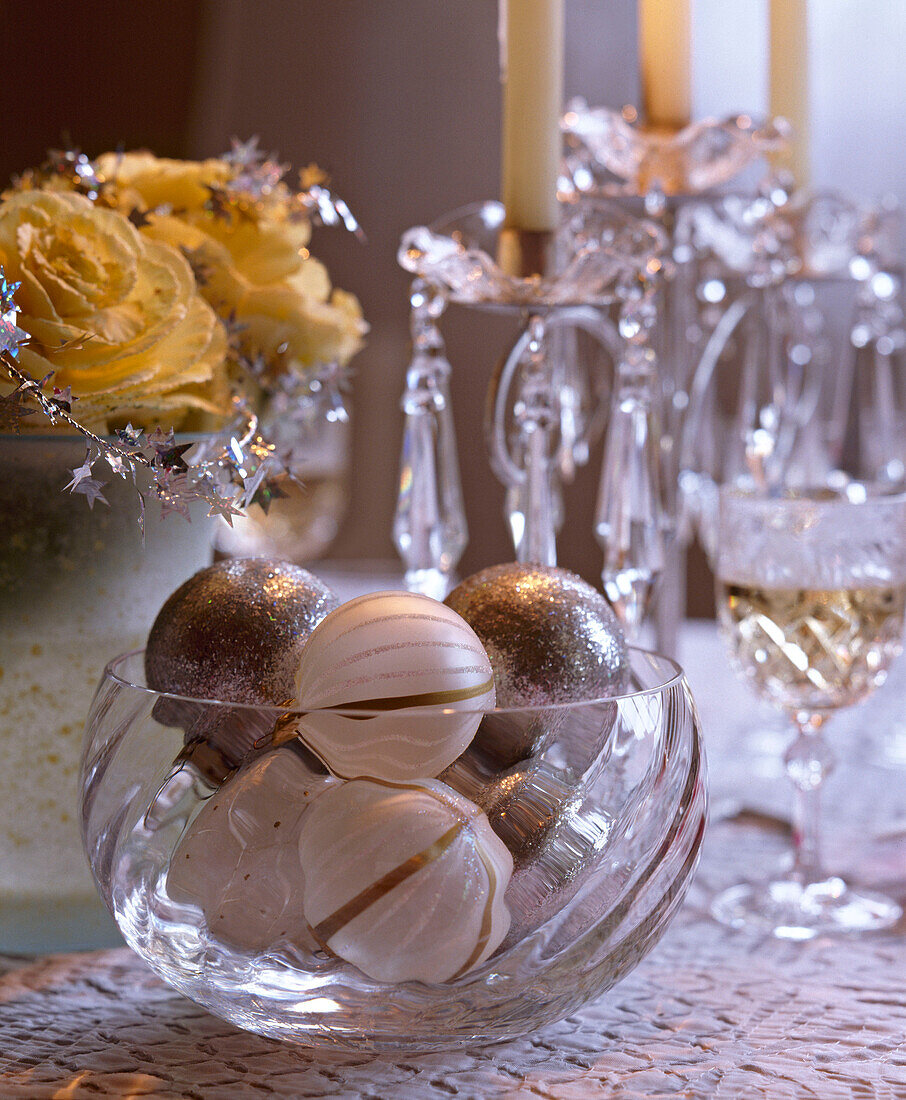 Christmas decorations of baubles in a glass bowl