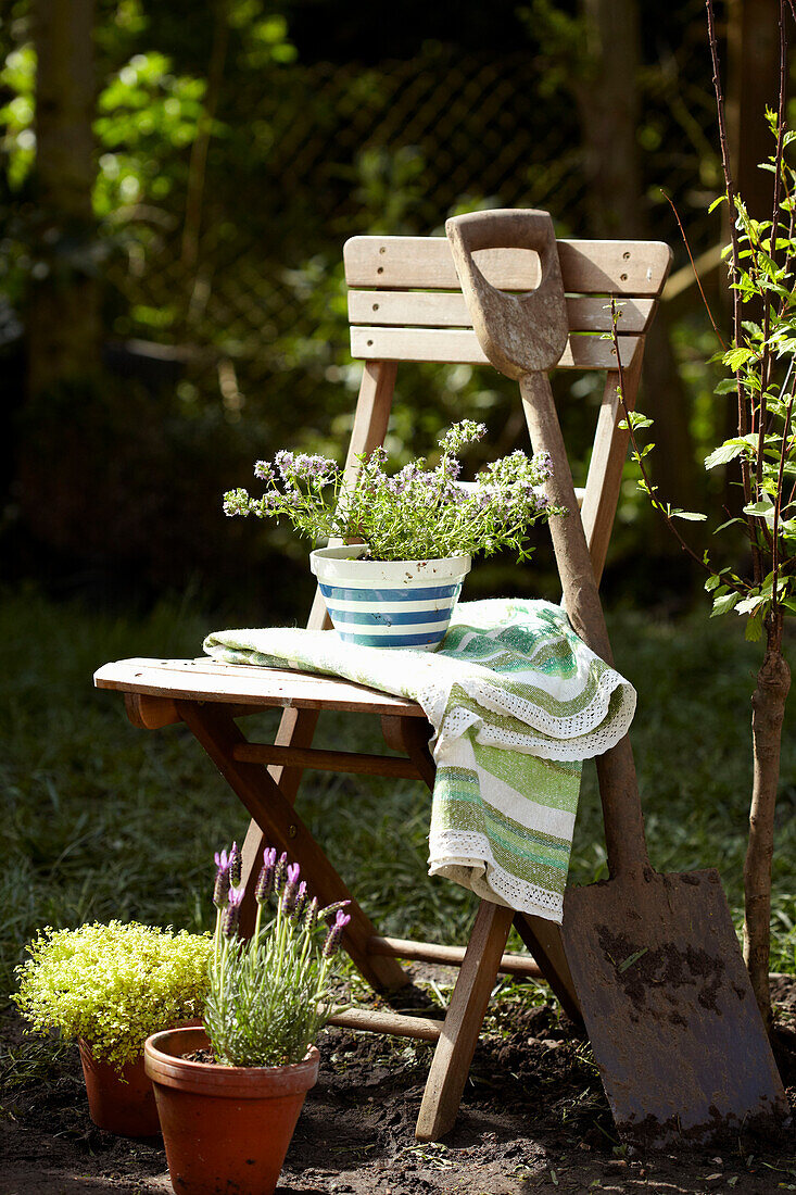 Pot plant and spade with wooden folding chair in Lincolnshire garden England, UK