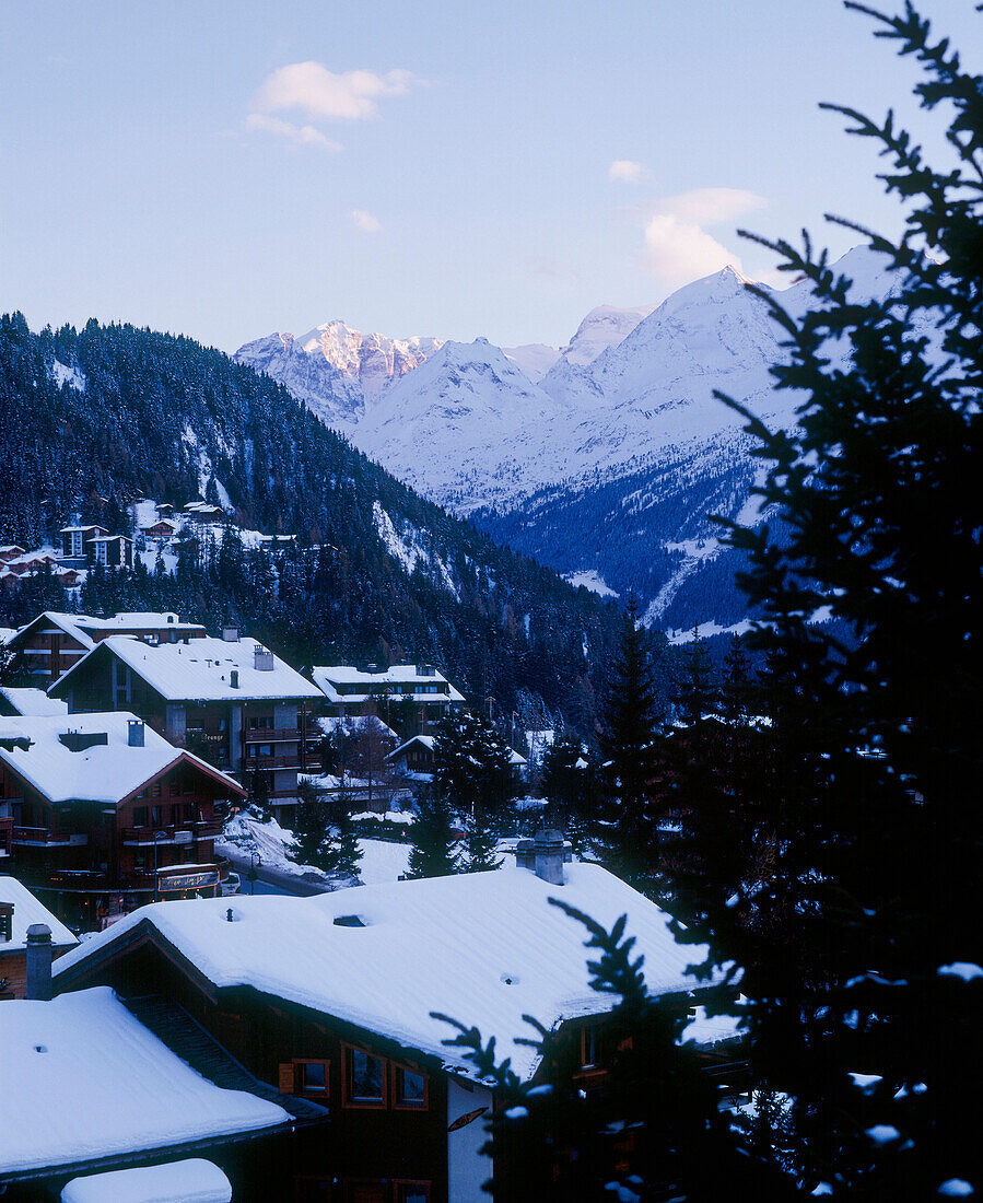 View of apartments in the shade of the Swiss Alps