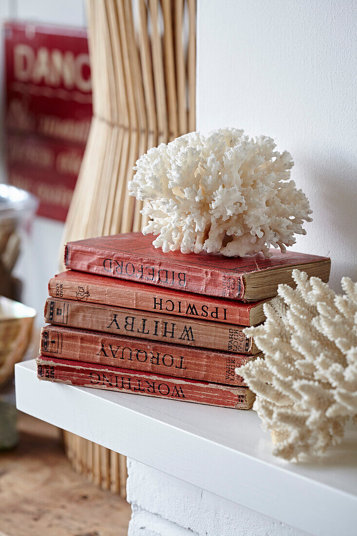 Weiße Korallen und ein Stapel rote Bücher auf Regal in Shoreham by Sea, West Sussex, UK