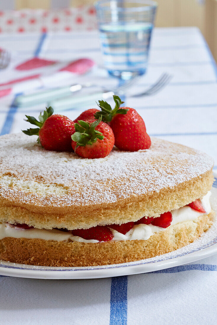 Strawberrry sponge cake in Devon home, UK