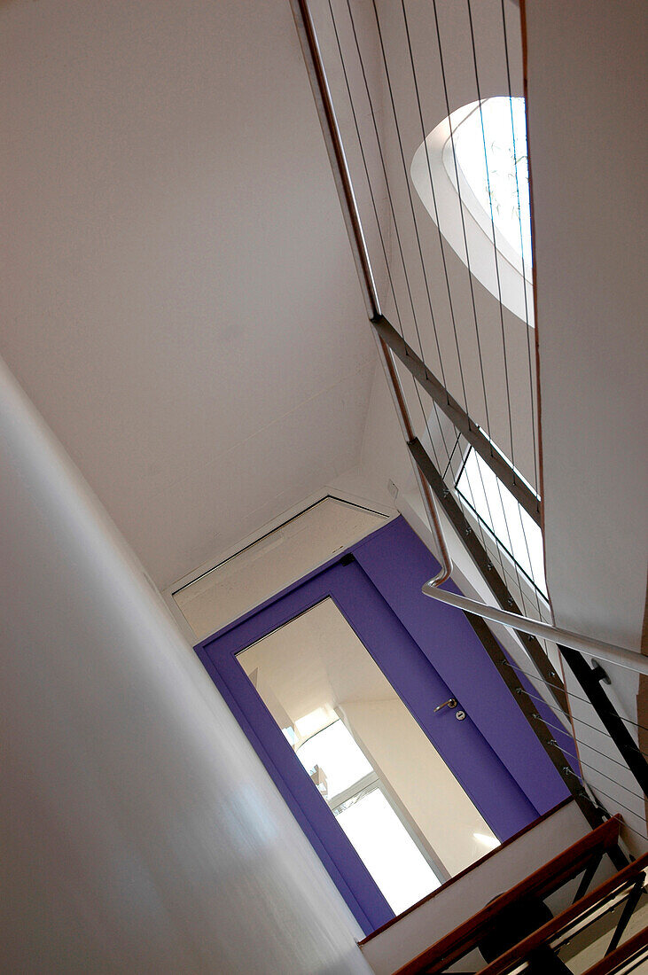 Purple doorway leading from eucalyptus stairs