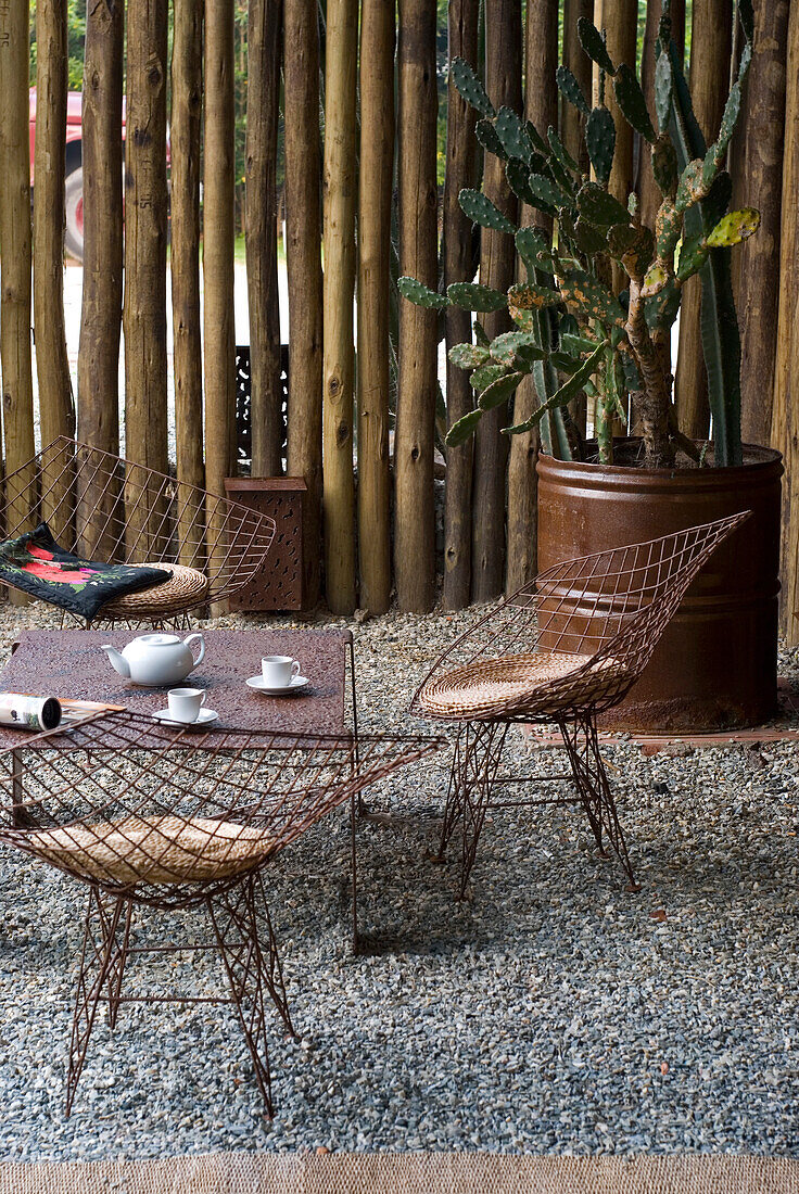 Garden sheltered with pinewood fence and plant pots recycled from rusty oil tanks