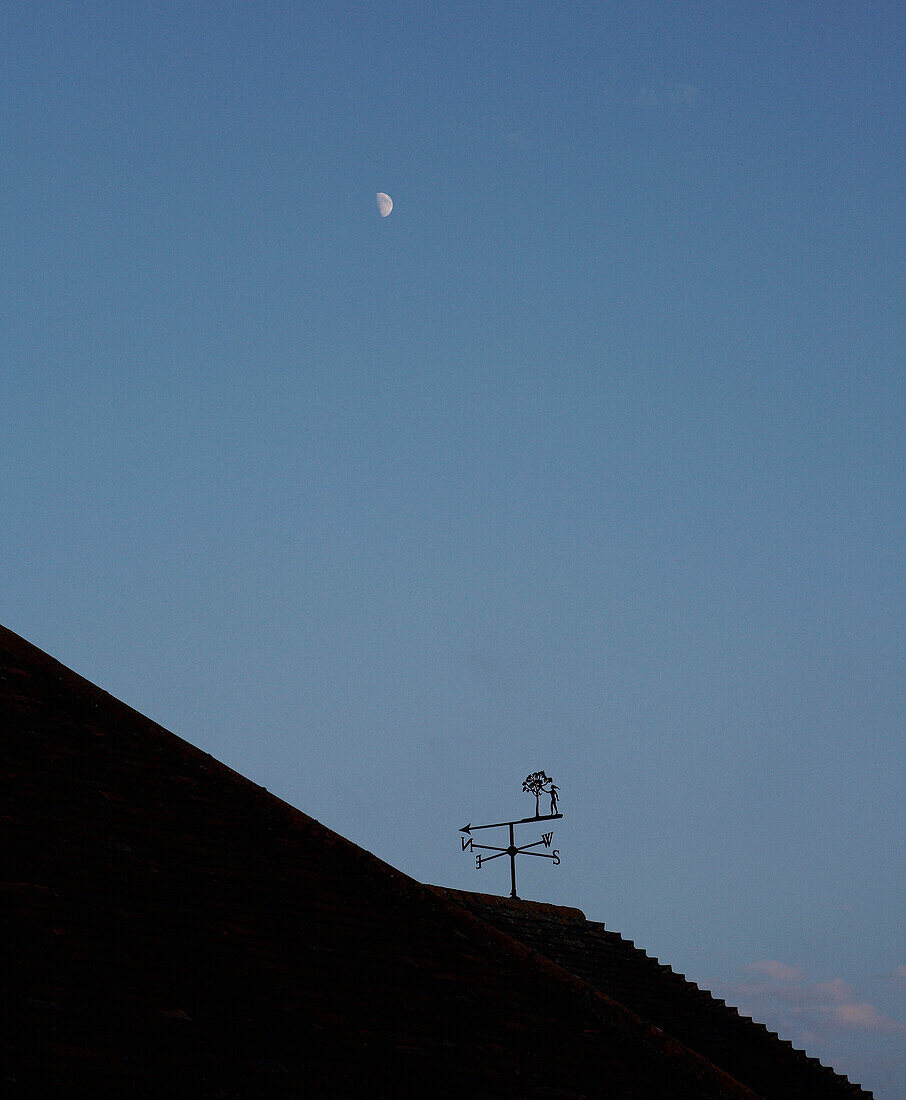 Wetterfahne auf Ziegeldach mit Mond am Nachthimmel