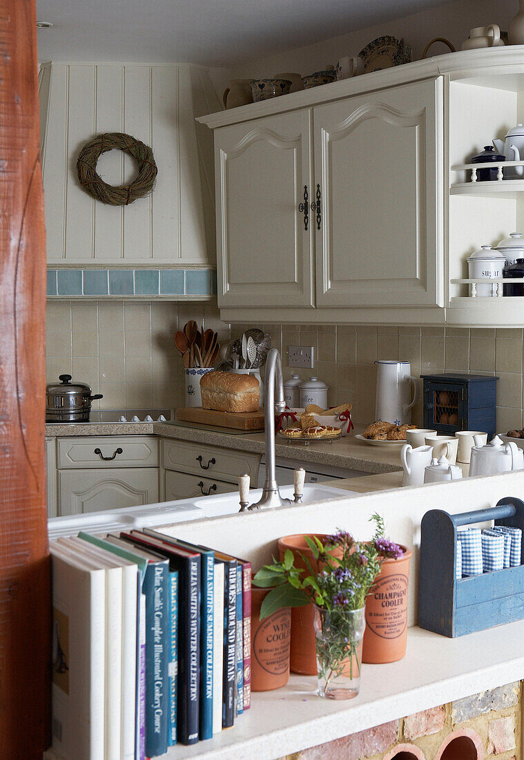 White kitchen with pastel blue accessories