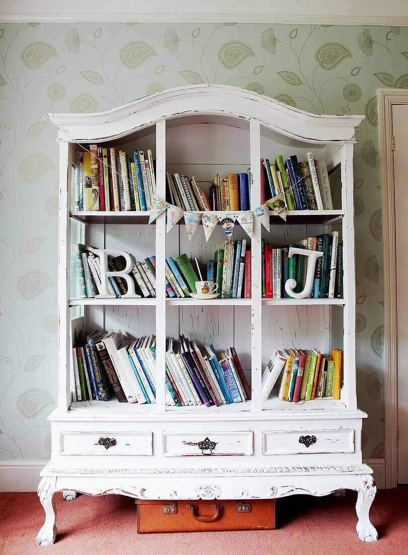 Painted shelving unit with books