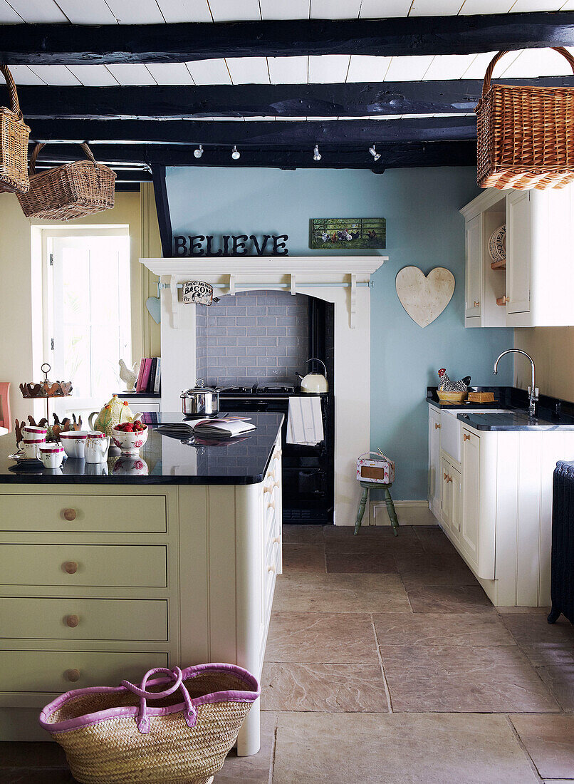 Country Style kitchen with marble worktops in Yorkshire cottage