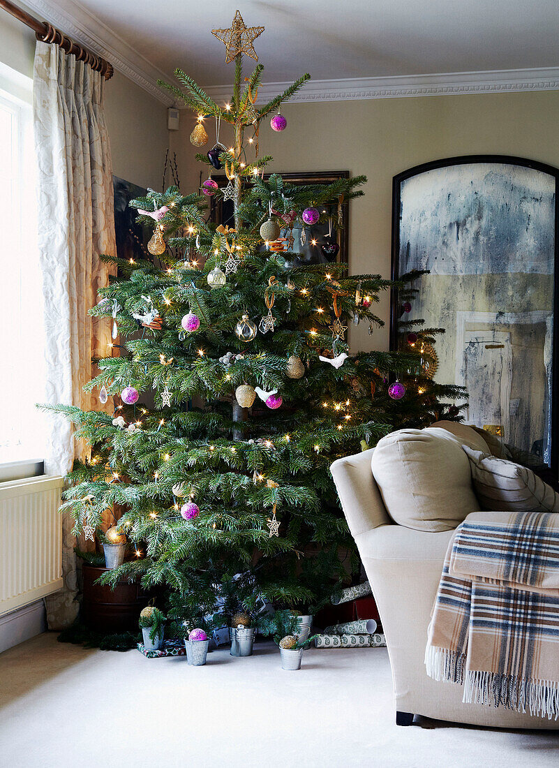 Weihnachtsbaum und Spiegel am Fenster eines Landhauses