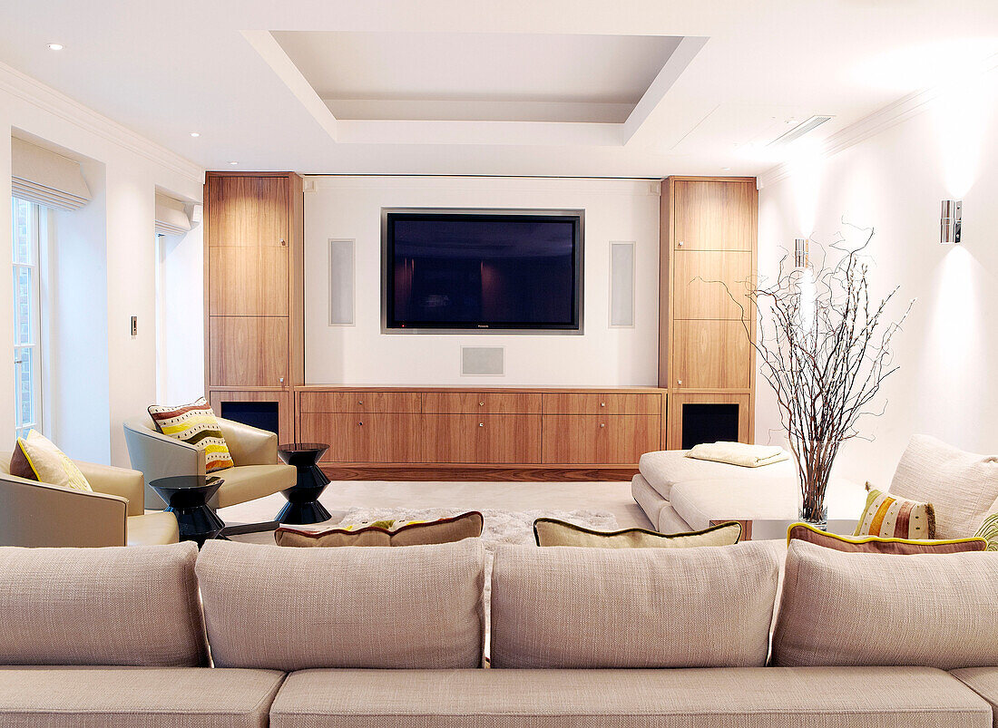 Plasma screen with bespoke storage unit in home cinema, London, England, UK