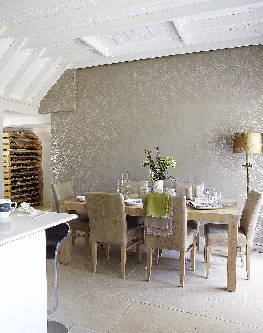 Dining table for six with storage shelves, Oxfordshire, England, UK